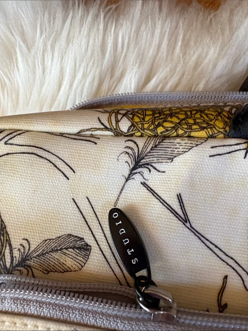 Danica Studios Canvas Bird-Print Laptop Bag in Cream and Mustard